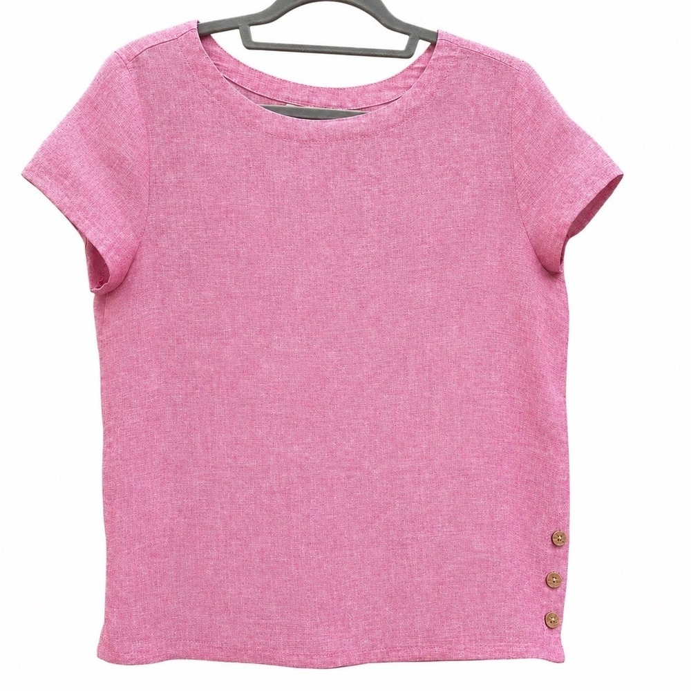 C&C California Womens M Top Pink 100% Linen Short Sleeve Side Button Blouse